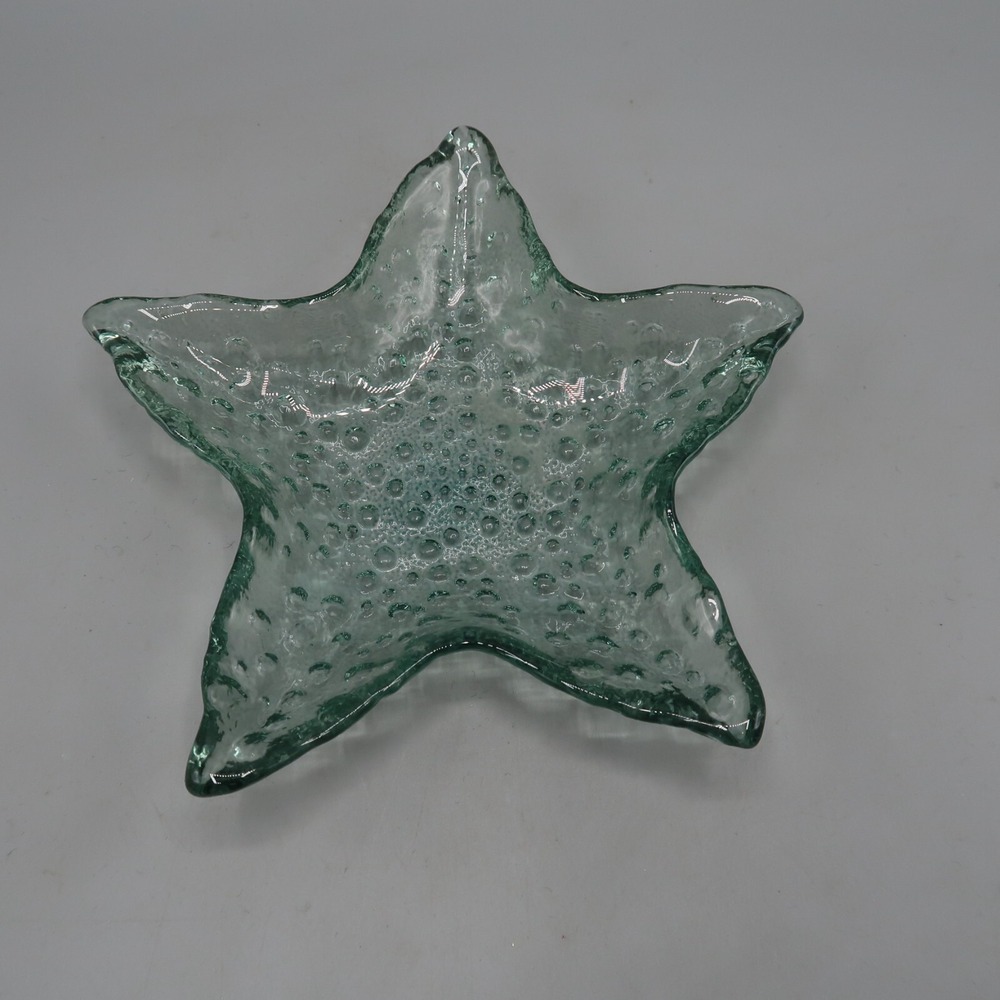 Seaglass Green Glass Starfish Bubbled Trinket Jewelry Candy Dish Paperweight Sea